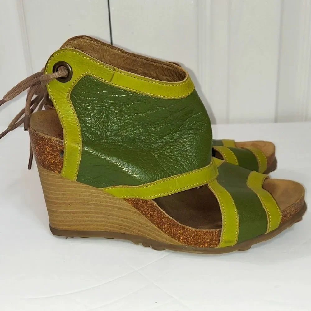 Fly London Luxe Kiwi & Olive Tieback Leather Platform Wedge Sandals Sz 36